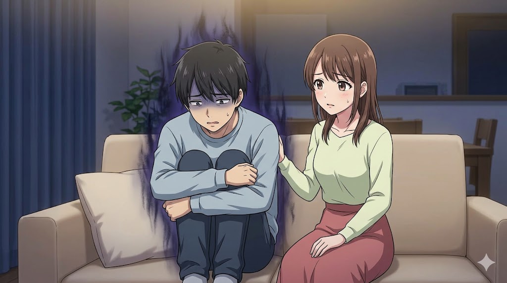 夜のリビングで不安げに膝を抱えるかまちょな彼氏と、心配そうに寄り添う彼女