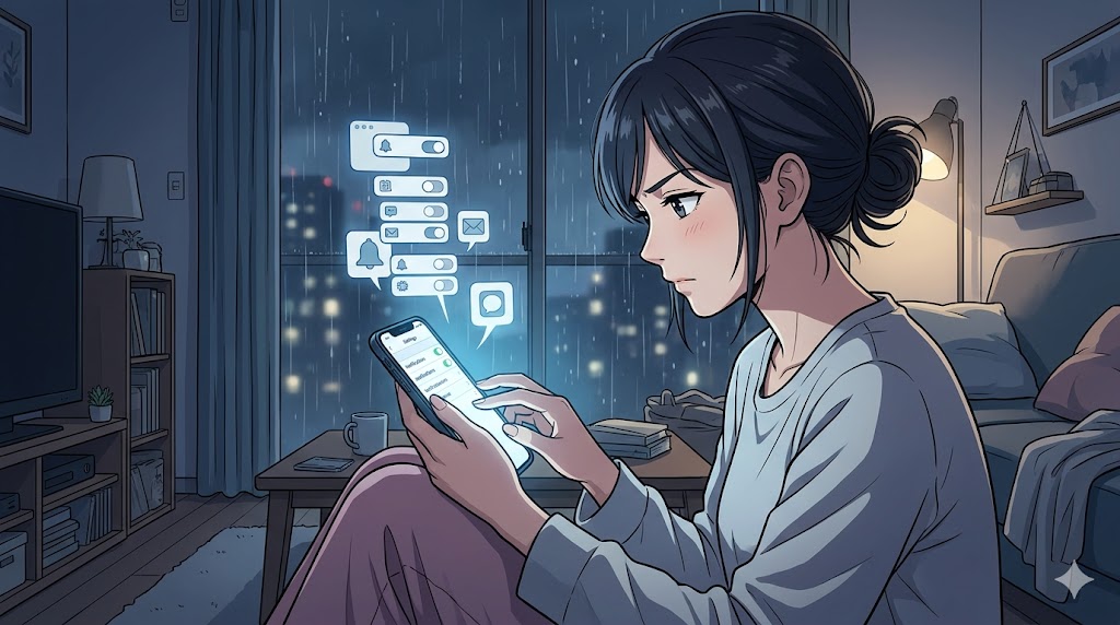 夜の自室で、スマートフォンの通知設定を真剣な表情でオフにする日本人女性のアニメイラスト。LINEやSNSの過剰な連絡から身を守るための第一歩