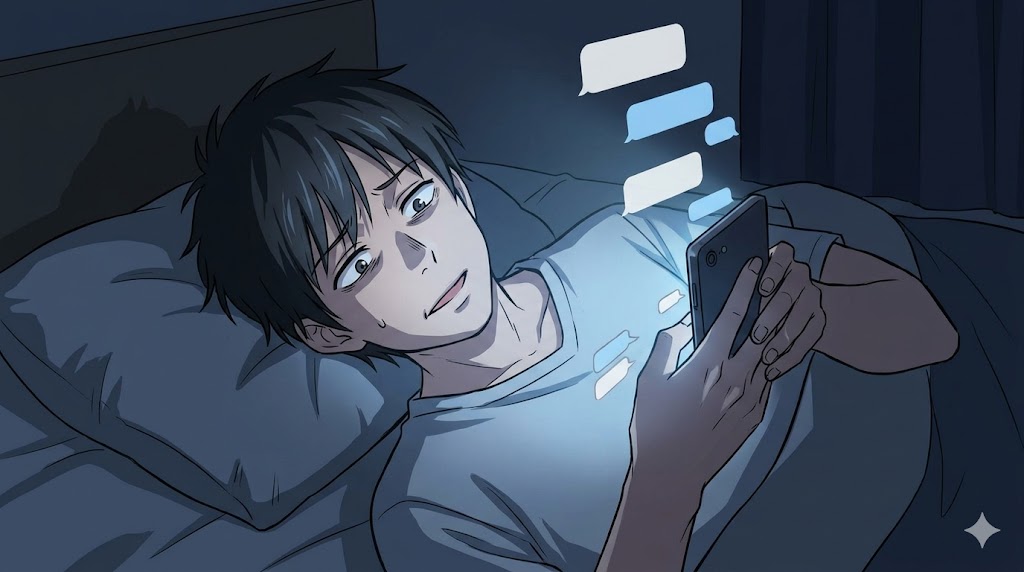 夜中にスマホの明かりに照らされながら、必死にメッセージを送る日本人男性