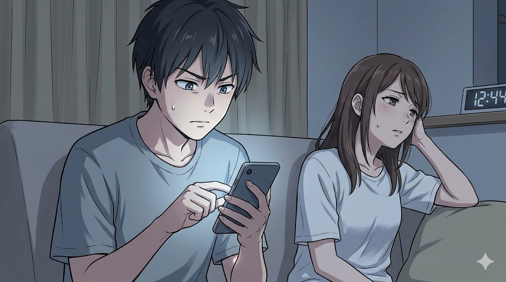 夜中までスマートフォンを操作する日本人男性と、それを見て困惑し、疲れた表情を浮かべる日本人女性。かまってちゃんな彼氏の執着心と、それに疲弊するパートナーの関係性