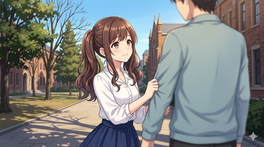 大学のキャンパスで、男子学生の袖をちょこんと掴んで上目遣いに見つめる日本人少女のアニメイラスト。寂しがり屋な性格と物理的な距離の詰め方を表現