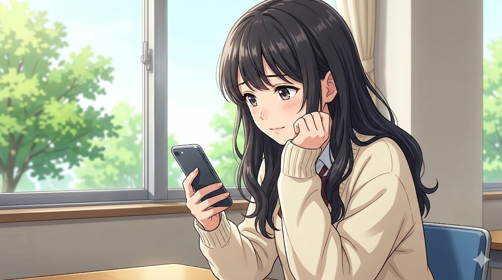 大学の図書館でスマートフォンの画面を真剣に見つめる、カーディガン姿の日本人少女のアニメイラスト。相手からの脈ありサインを見極める