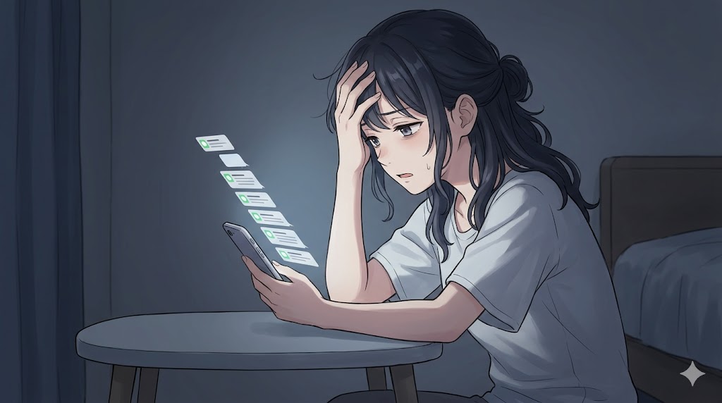 大量のLINE通知に疲れ果て、ため息をつく日本人女性のアニメイラスト。かまちょ男の連絡に悩む様子