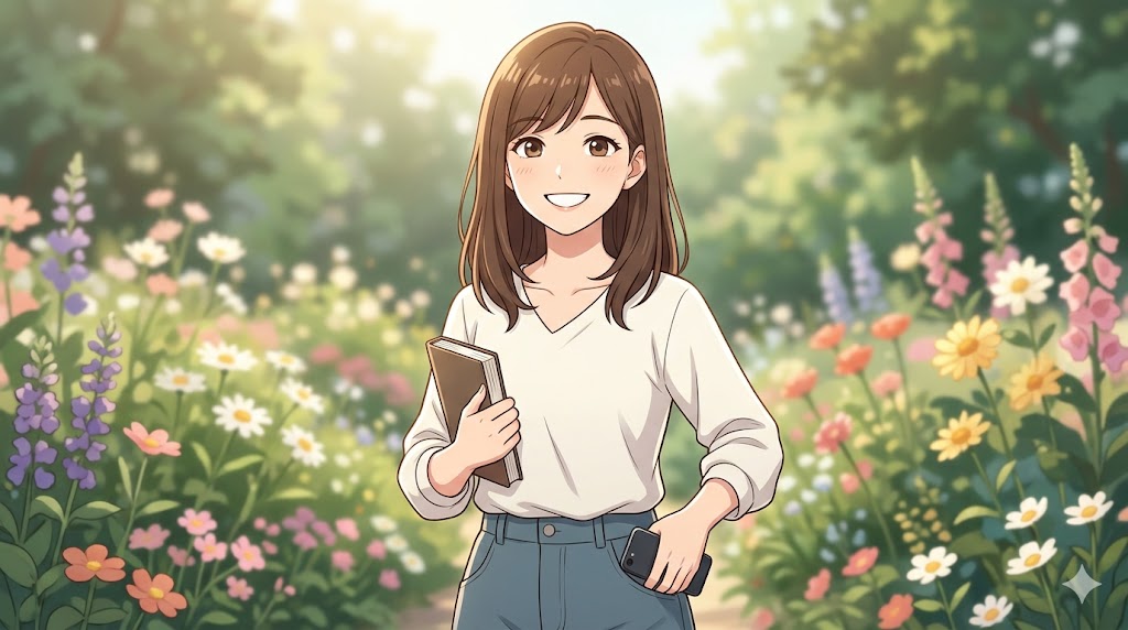 太陽の光を浴びながら、本を片手に満面の笑みを浮かべる日本人の女性。スマホはポケットにしまっており、一人の時間を楽しんでいる。依存を脱却し、自立して輝く女性
