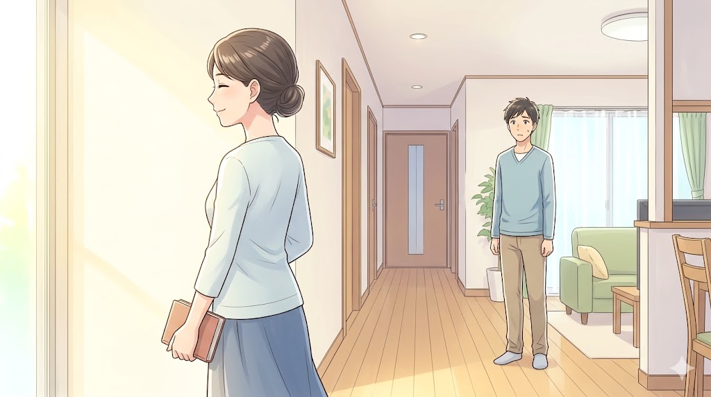 夫から離れ、自分の本を持って晴れやかな表情で廊下を歩くアニメ風の日本人妻。遠くで戸惑った表情で見送る夫