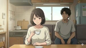 夫との心理的距離を保ちながら、穏やかに自分の時間を楽しむ日本人の妻と、遠くでそれを見つめる夫