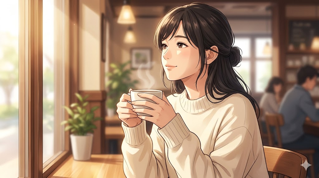 夫と物理的な距離を置き、カフェで一人穏やかな時間を過ごすことで精神的自立を取り戻す日本人妻