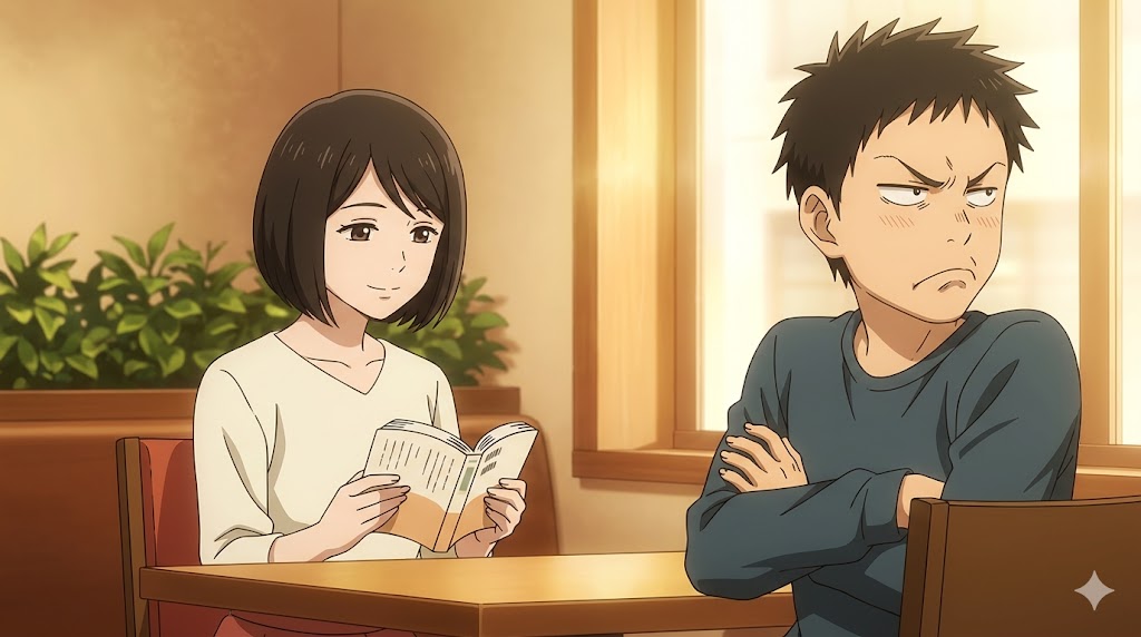 女性が、カフェで静かに本を読んでいる。向かいの彼氏は拗ねて腕を組んでいるが、女性はそれに動じず穏やかだ。不機嫌な態度をスルー