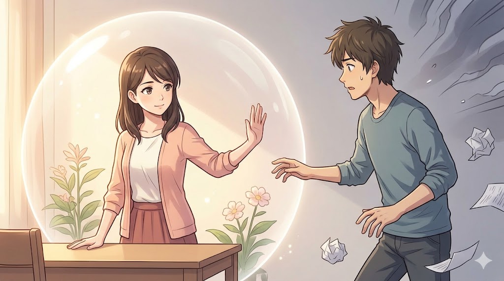 女性が、毅然と手を差し伸べて自分のスペースを守っている。彼氏は驚きながらもその境界線を尊重して一歩引いている