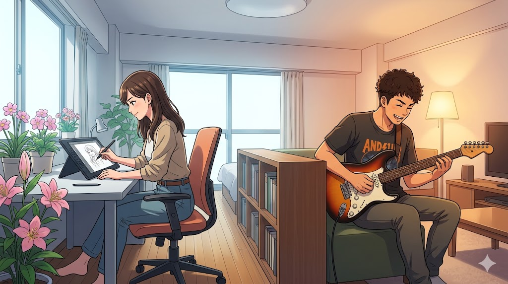 女性が、自分のデスクでタブレットに絵を描くことに集中している。離れた場所では彼氏がギターを弾き、それぞれが自分の時間を楽しんでいる。自立した関係
