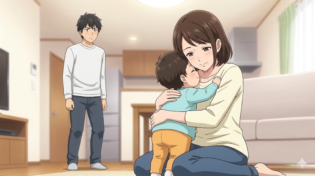 妻が子どもを抱きしめる様子を、嫉妬深げに見つめるかまってちゃん旦那を描いたアニメ風イラスト。リビングで旦那が疎外感を感じている