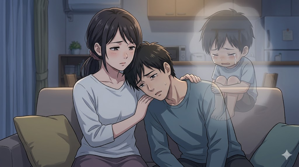 妻に甘える大人の夫の背後に、孤独に泣く幼少期の子供の姿が重なる、愛着障害を表現