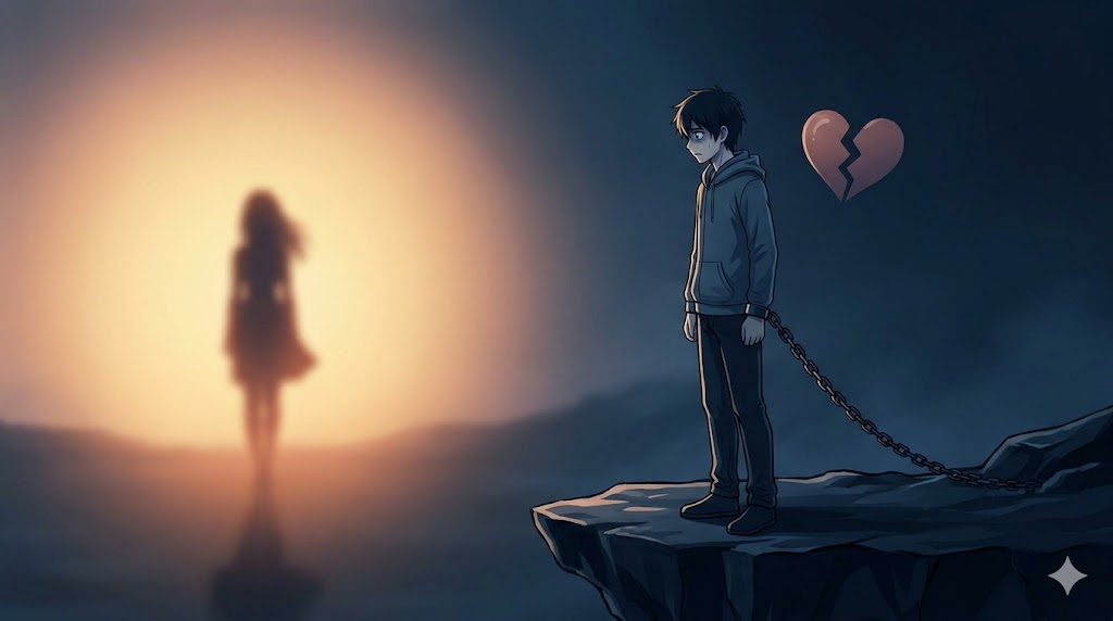 孤独と見捨てられ不安を象徴する、暗闇の中で鎖に繋がれた日本人男性