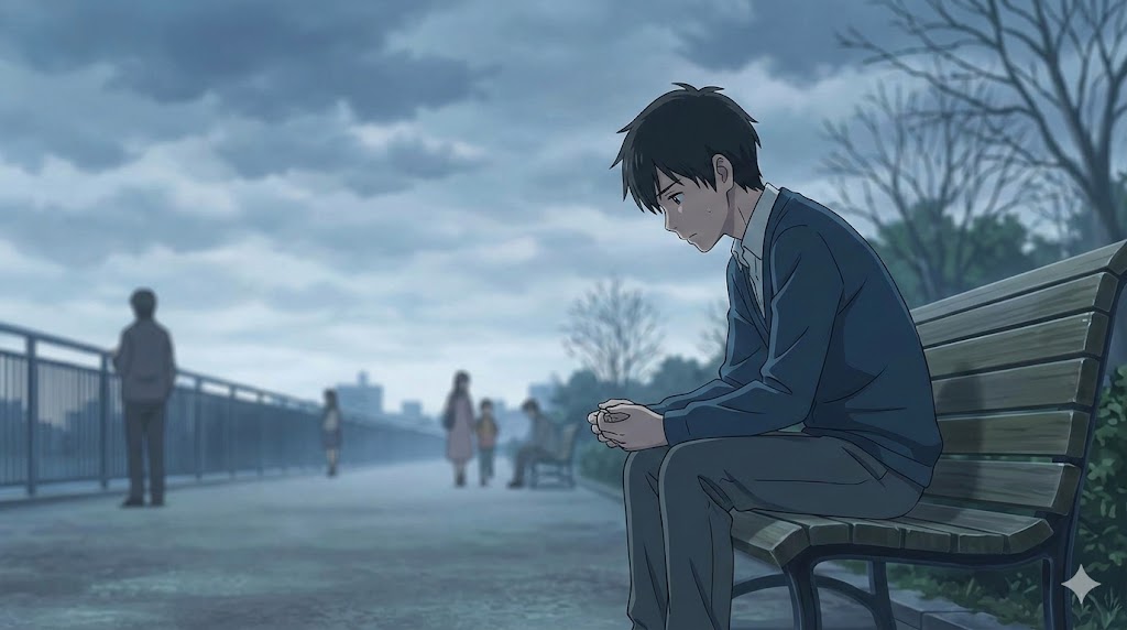 孤独を感じる男性のイラスト。大勢の中で一人、寂しげに座る