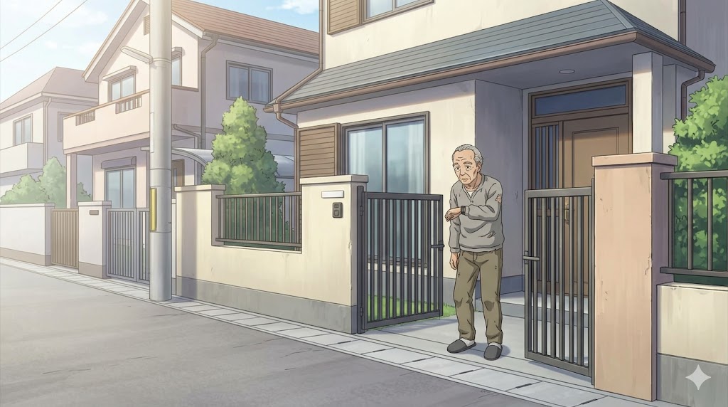 定年退職後、昼間の自宅前で所在なさげに立つアニメ風の日本人高齢男性