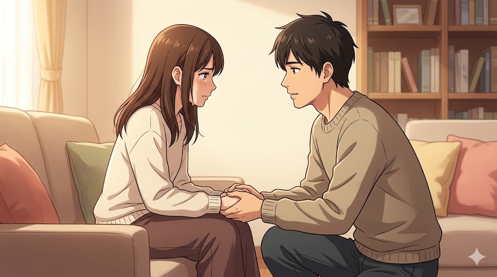 室内で、日本人男性が日本人女性の両手を握り、真剣かつ穏やかな表情で見つめているアニメイラスト。女性は泣いているが、男性の一貫した安定感