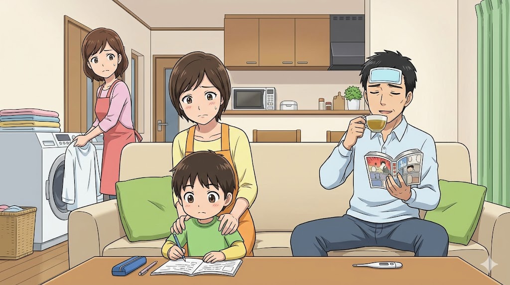 家事や育児を妻に任せきりにし、体調不良を理由にソファでくつろぐ旦那と、忙しく立ち働く妻の様子を描いた家庭内