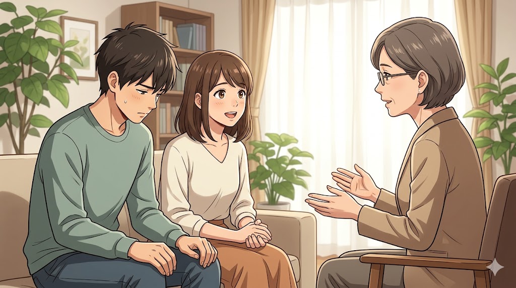 専門家のカウンセラーからアドバイスを受ける、不安型愛着を抱えるカップル
