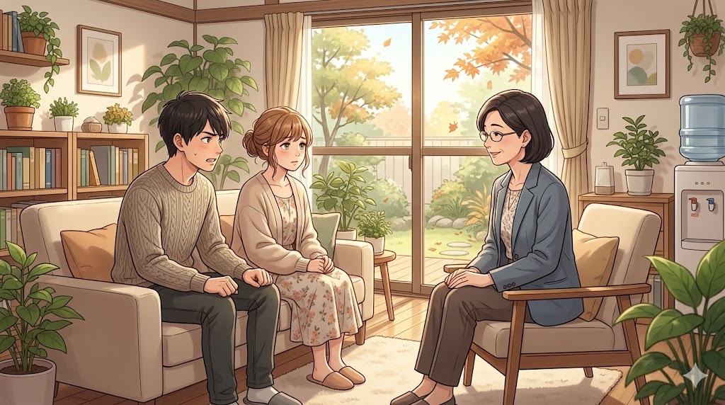 専門家のカウンセリングを受け、二人の関係や自立について相談する日本人カップル