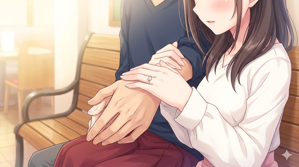 居心地の良いカフェで、男性の大きな手に自分の小さな手を重ねて寄り添う日本人女性の手元。甘え上手な女性が男性の庇護欲を刺激し、安心感を得ている