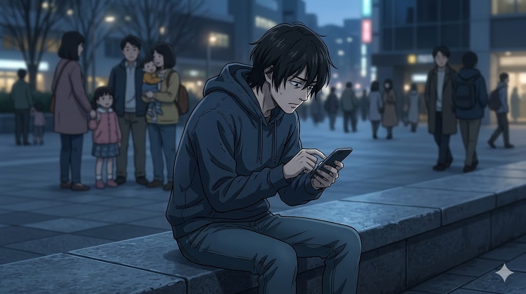 幼少期の孤独な記憶を象徴する、影の中で膝を抱えて座り込む、成長した男性の心の風景を描いた