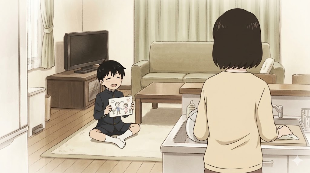 幼少期の日本の男の子が、キッチンで忙しく働く母親に自分が描いた絵を見せようとするが、気づいてもらえず寂しそうな表情を浮かべる
