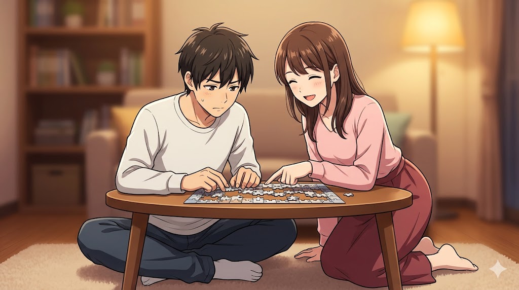 彼女が彼氏の自立を促し、一緒に趣味のパズルを楽しむ