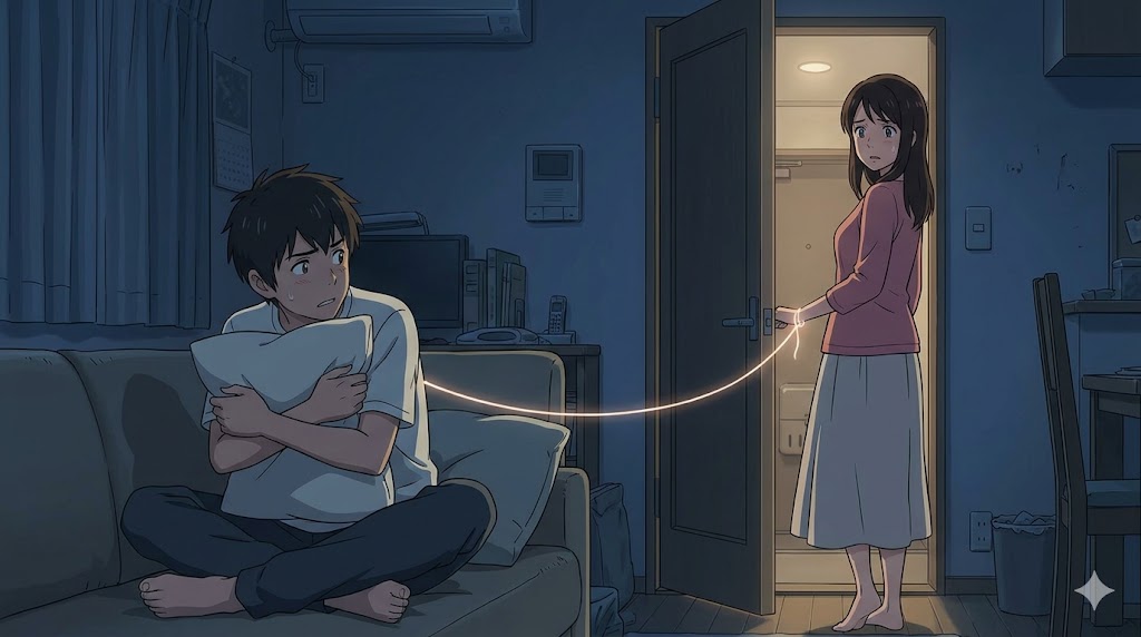 彼女が離れていくことに不安を感じ、ソファで丸まる彼氏