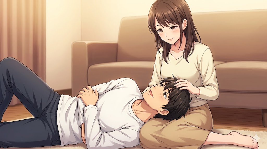 彼女の膝枕で甘え、幸せそうな表情を浮かべる彼氏