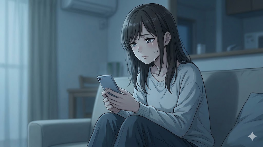 彼氏からの連絡に怯え、精神的にすり減って立ち尽くす女性のアニメイラスト。別れを考えるべき深刻な状況を表している