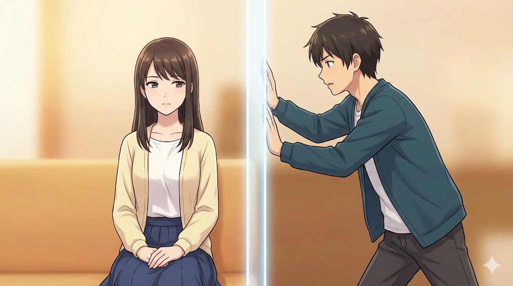 心理的境界線を象徴する、光る障壁を挟んで座る日本人女性と、それを越えられない男性