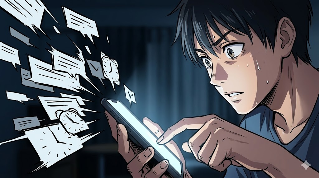 恋人からの返信を待ちきれず、不安げにスマホを操作し続ける日本人男性