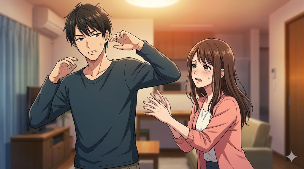 恋人の女性を試すような態度をとる男性と、それに対して傷つき不安げな表情を浮かべる女性