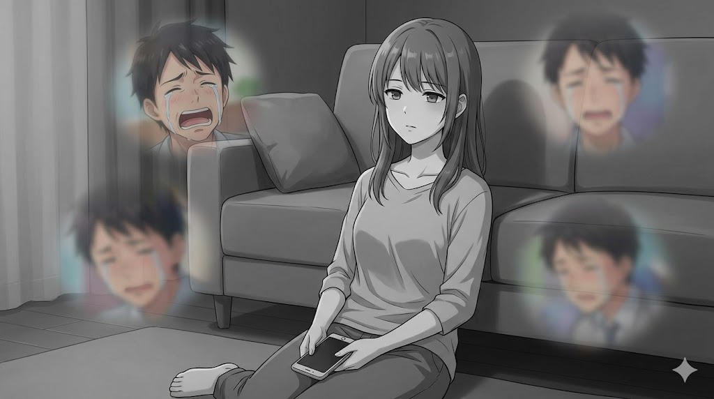 感情が麻痺し、薄暗い部屋で抜け殻のように座り込む日本人女性