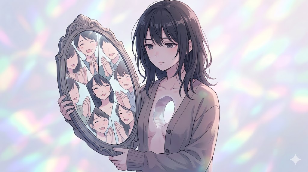 承認欲求という心の空洞を他者からの関心という鏡で埋めようとする、外部依存型アイデンティティを持つ日本人女性の心理概念図