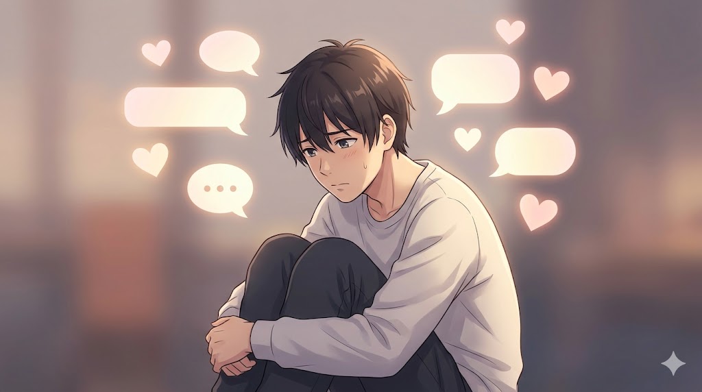 承認欲求を象徴する、浮かび上がるハートや吹き出しに囲まれた不安げな日本人男性の概念図