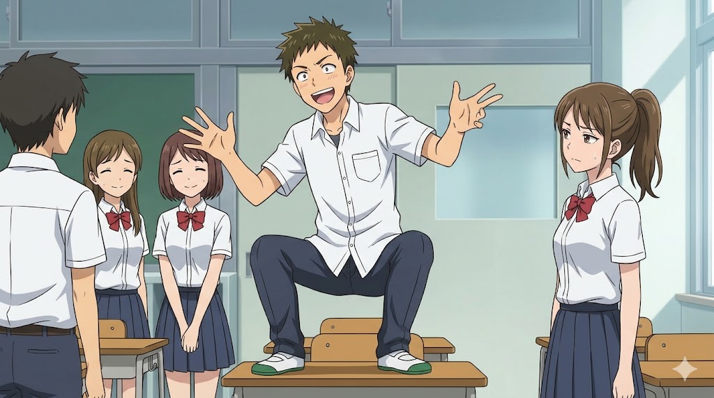 教室で目立とうと机の上で大げさに振る舞い、周囲の関心を引こうとしている