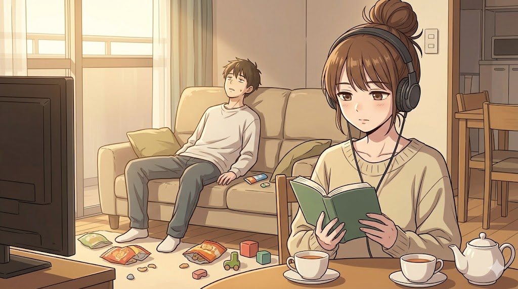 散らかったリビングで、ヘッドホンをして読書に集中する女性と、隣のソファで退屈そうにテレビを見る夫。女性が夫の「かまって」攻撃を無視し、自分の時間を楽しむ