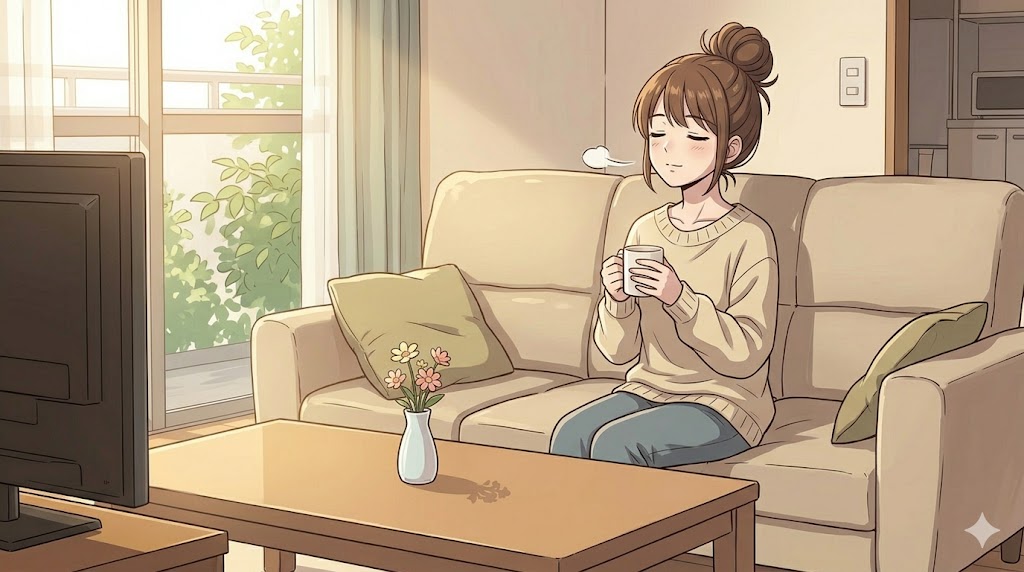 散らかったリビングで、一人で穏やかな表情で紅茶を飲み、深呼吸をする女性。夫の顔色を伺うことなく、心ゆくまで深呼吸できる