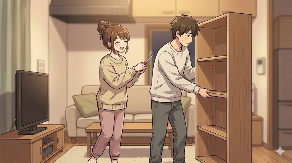 新しい本棚を組み立てる夫を見守り、笑顔で道具を渡そうとする女性。夫は組み立てに集中しており、妻の協力的な態度に満足している様子。