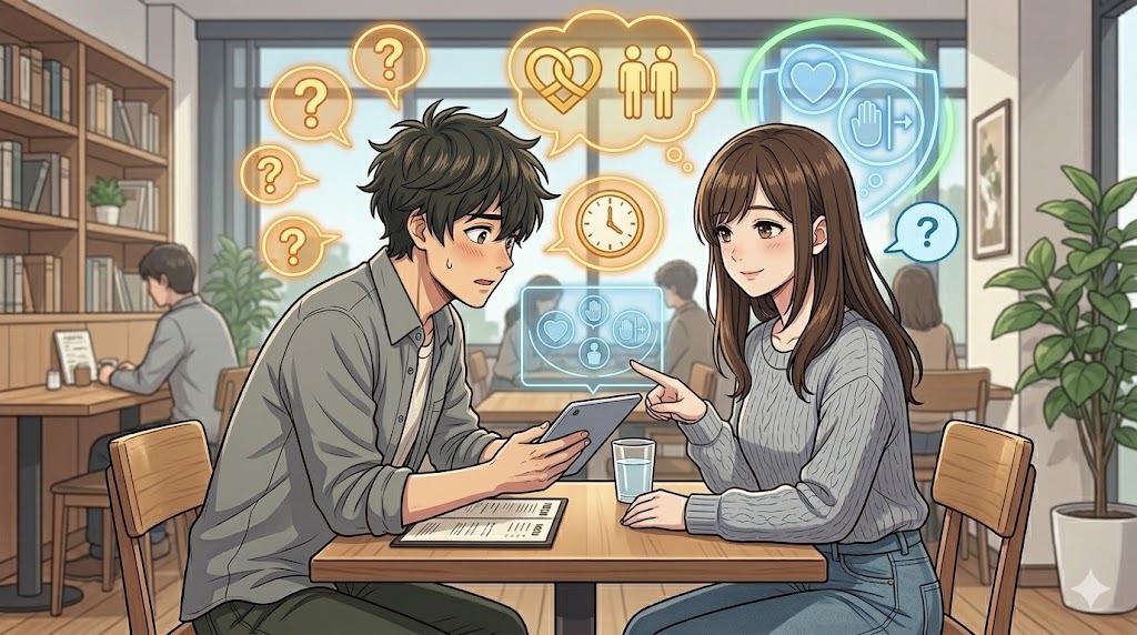 日本人カップルの女性が、かまってちゃんになりがちな彼氏と、お互いが自立した関係でいられるように、具体的なルールや距離感について話し合っている