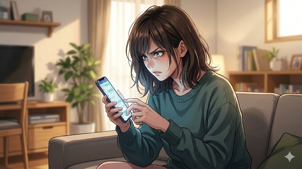 明るいリビングで、スマートフォンを凝視し、激しい怒りと嫉妬が混ざった表情を見せる日本人女性。精神医学的な課題を示す感情不安定さを表現