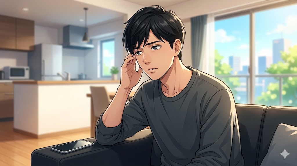 明るいリビングで、スマートフォンを裏返しに置き、疲れた表情でこめかみを指で押さえる日本人男性。過剰な要求に精神的疲労を感じる