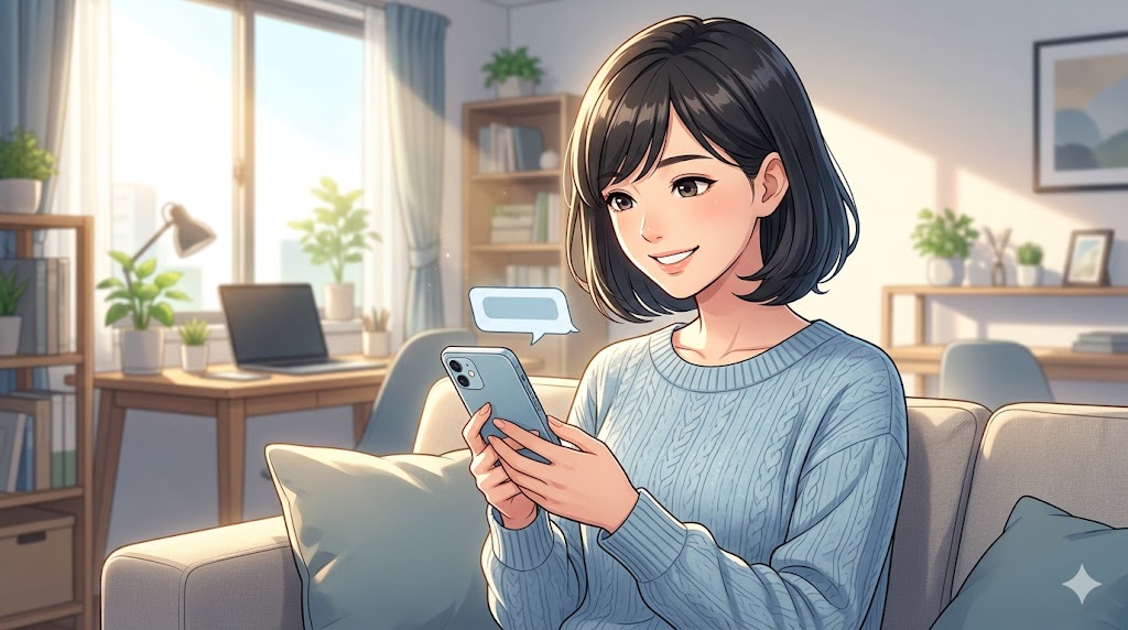 明るいリビングルームで、アニメ風の日本人女性がスマートフォンを手に、穏やかな笑顔で座っている。彼女は自立した一人の女性として、自分の時間を楽しみつつ、パートナーとも適度な距離感で繋がっている。