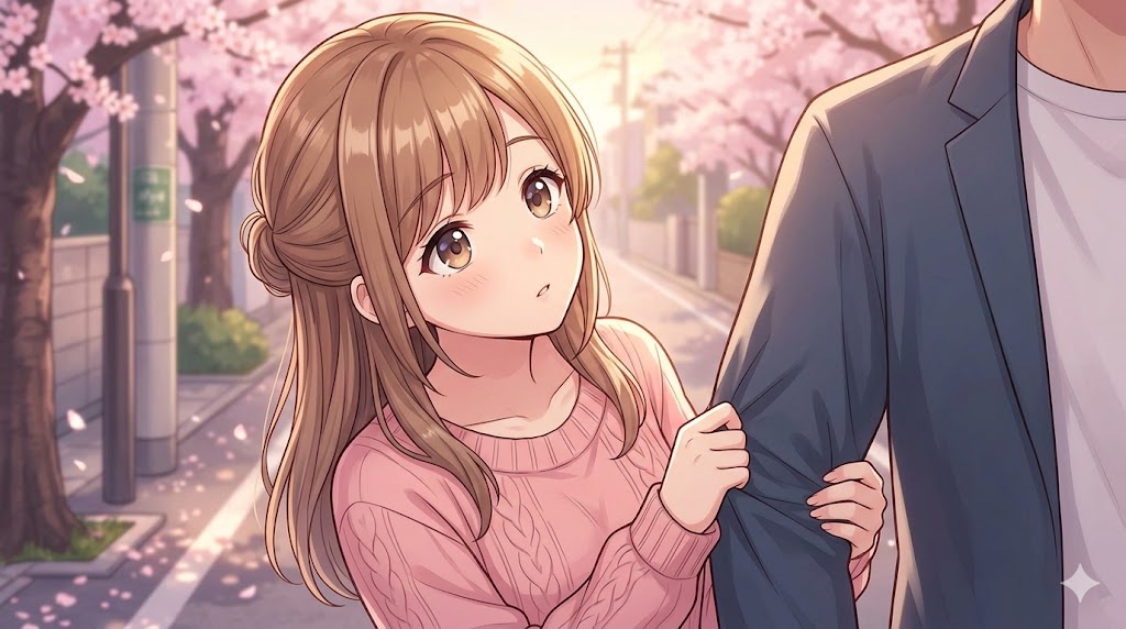 春の街角で、男性の袖を優しく引きながら上目遣いで甘える、ピンクのニットを着た可愛い日本人女性のアニメイラスト。かまってちゃんな女性が男性の庇護欲を刺激する