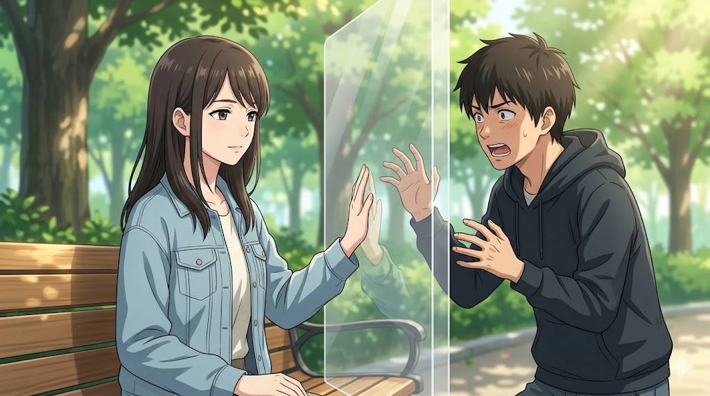 晴れた日の公園で、自分と感情的な彼氏との間に見えない透明な壁（境界線）を引き、毅然とした態度で接する日本人女性