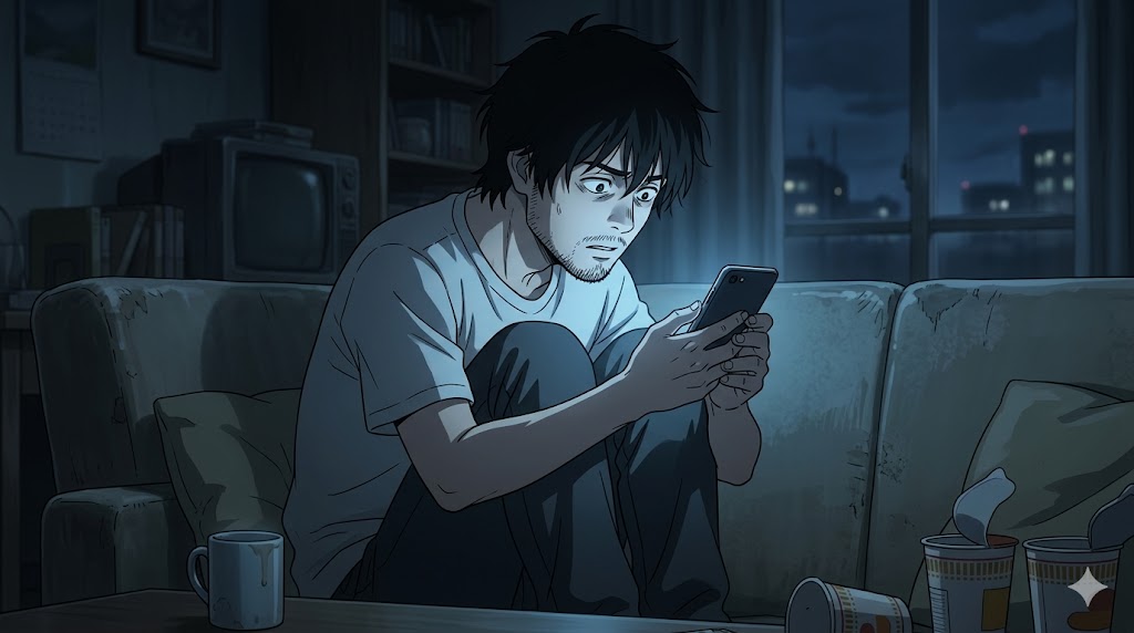 暗い部屋でスマートフォンの画面を不安げに見つめ、返信を待ちわびる執着心の強い日本人男性
