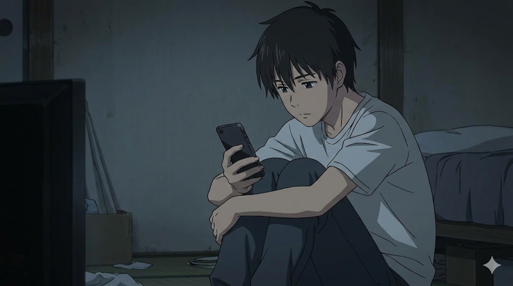 暗い部屋で膝を抱えて孤独感に苛まれる日本人男性