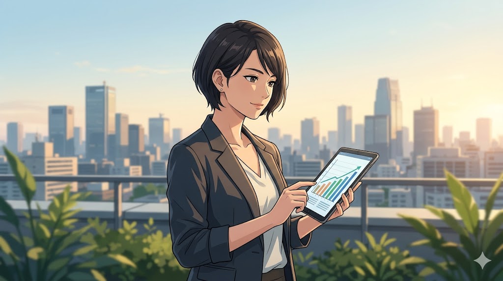 朝の光の中で、自分の人生の主導権を取り戻し、自信を持って未来を見つめる日本人女性のイラスト。健全な人間関係と自己肯定感