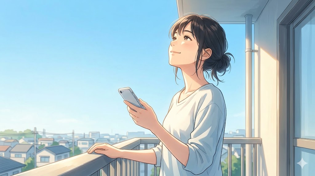 朝の光の中でバルコニーに立ち、スマホを手に持ちながら晴れやかな笑顔で空を見上げる日本人女性のアニメイラスト。心の平穏を取り戻した様子